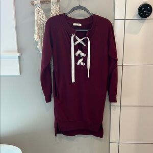 Burgundy Lace-Up Sweatshirt Dress